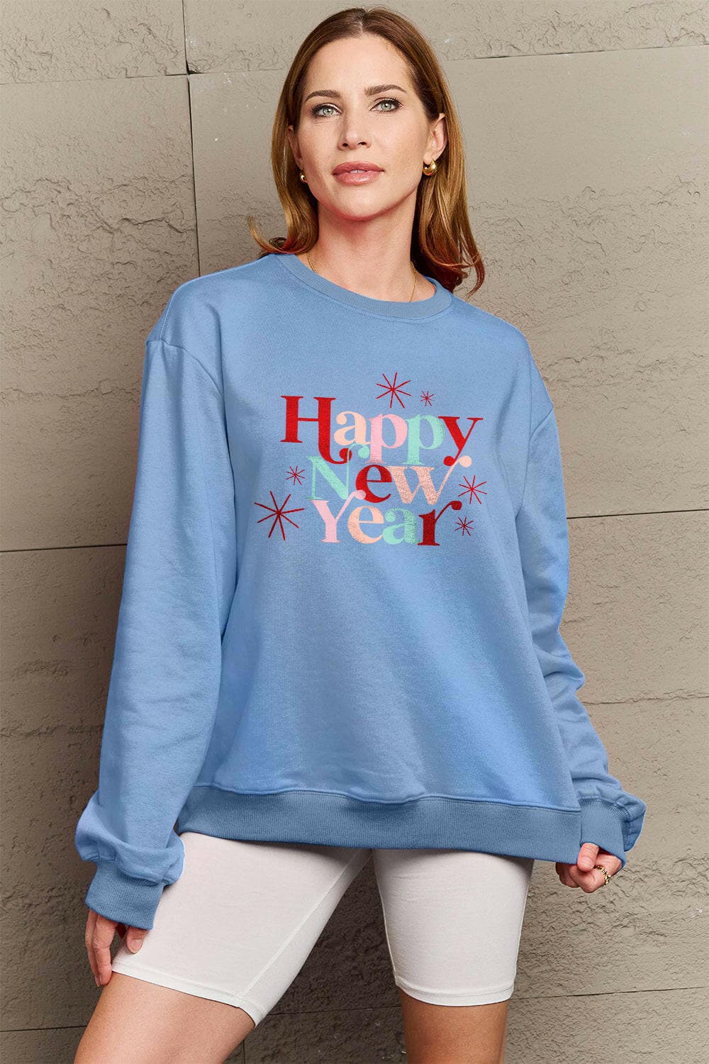 Simply Love Full Size HAPPY NEW YEAR Round Neck Sweatshirt.