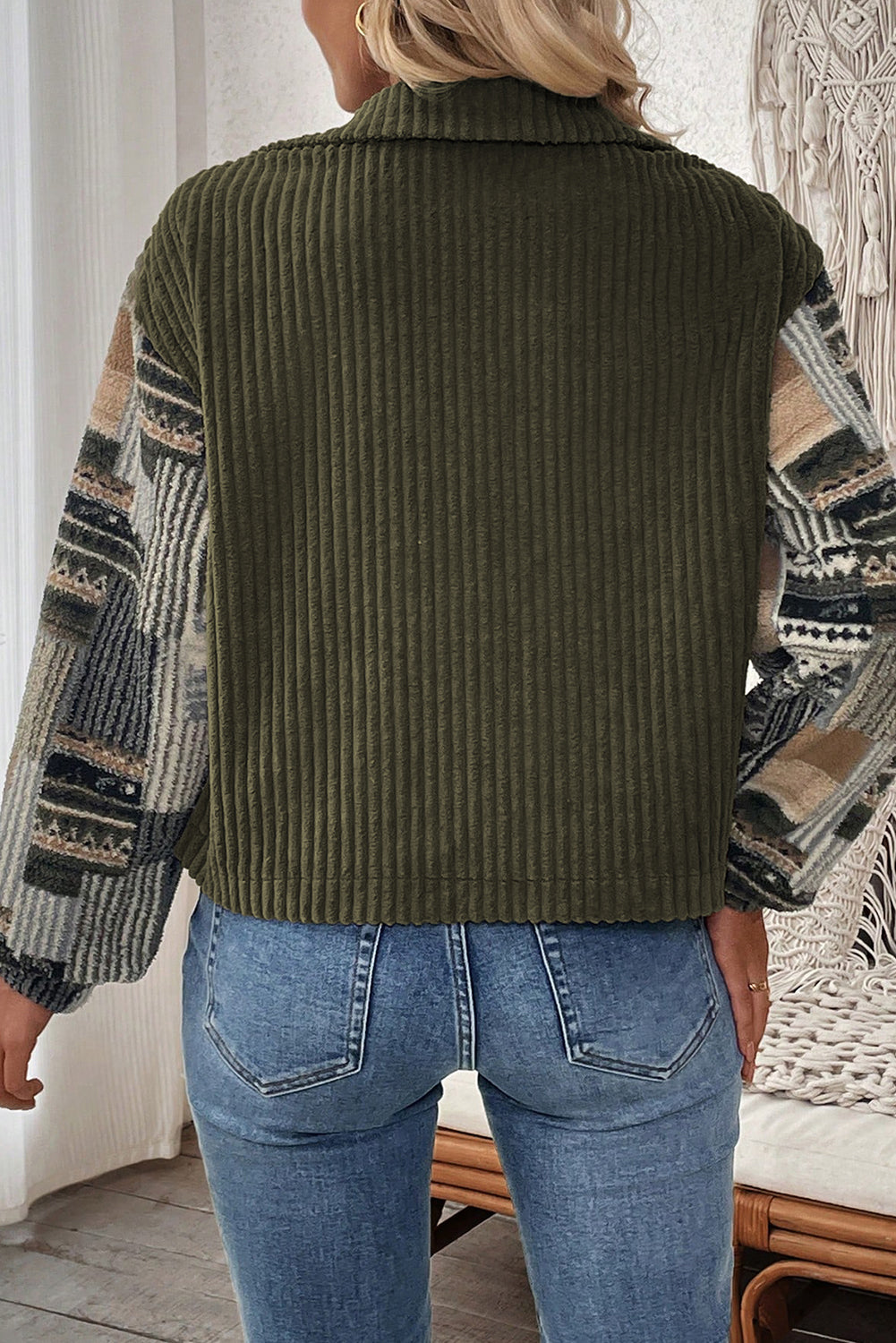 Jungle Green Ribbed Fleece Plaid Print Patchwork Button Up Jacket Cozy Everyday Wear Dear-Lover Dropshipping