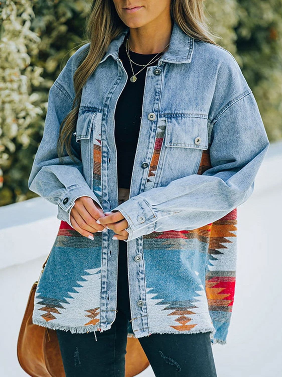 Collared Neck Dropped Shoulder Denim Jacket.