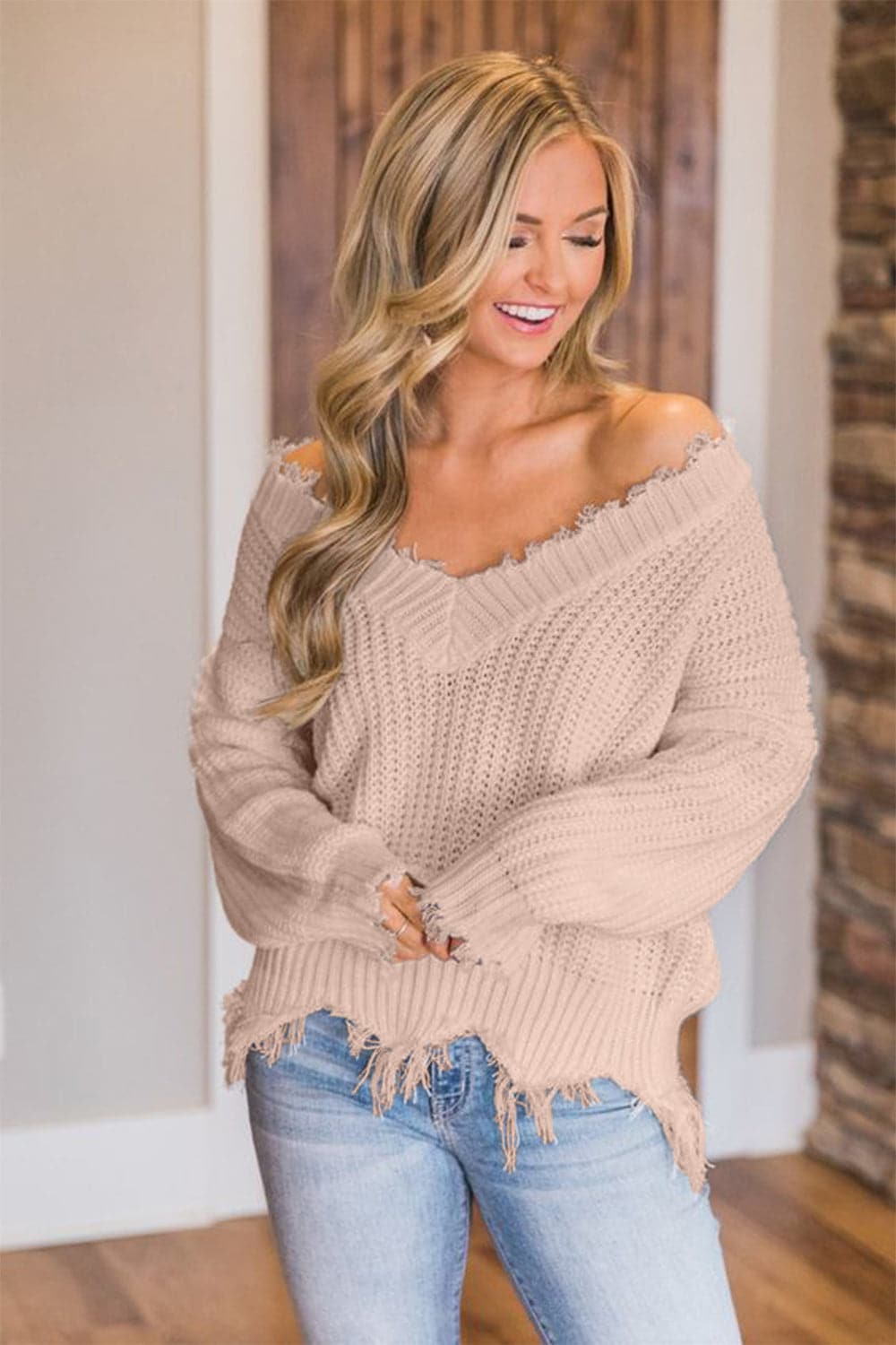 Frayed Hem Dropped Shoulder Sweater.