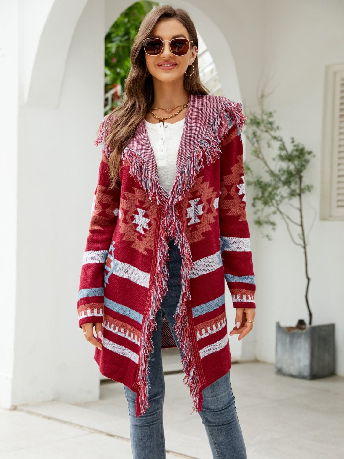 Fringe Geometric Hooded Long Sleeve Cardigan.