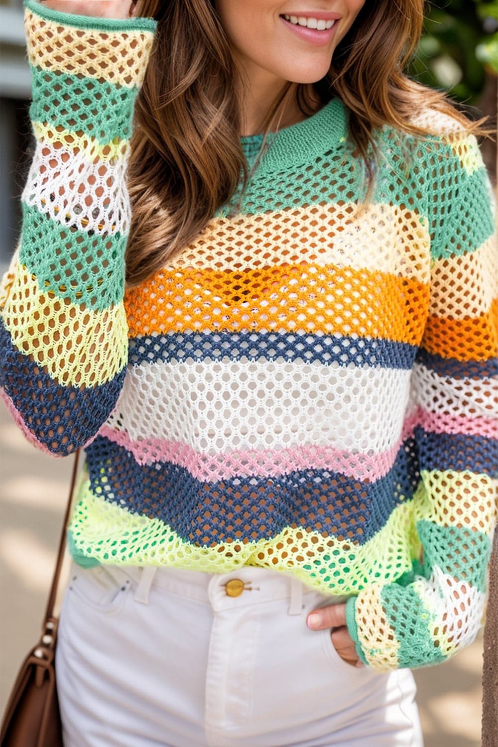 Openwork Color Block Round Neck Knit Top.