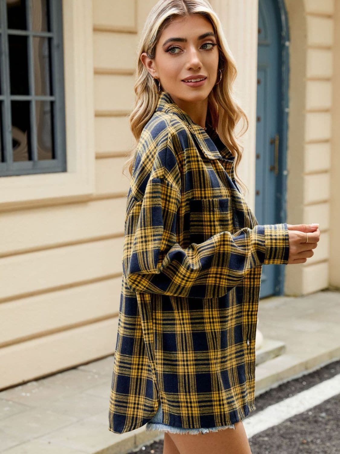 Plaid Collared Neck Long Sleeve Shirt.