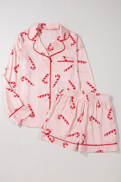 Pink candy cane print holiday pajama set with shirt and shorts