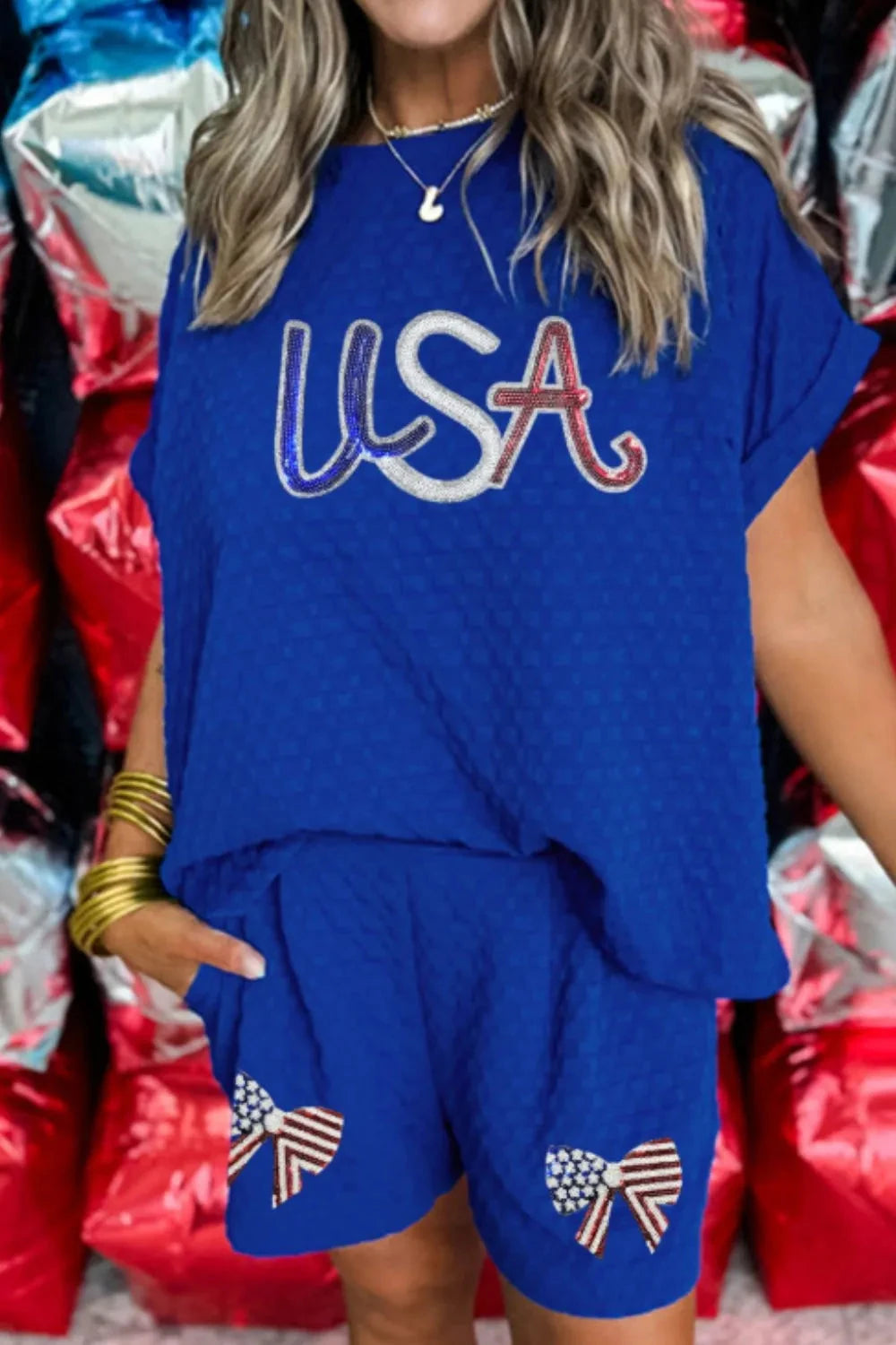 Textured Sequined USA Top and Bowknot Shorts Set Simply Love