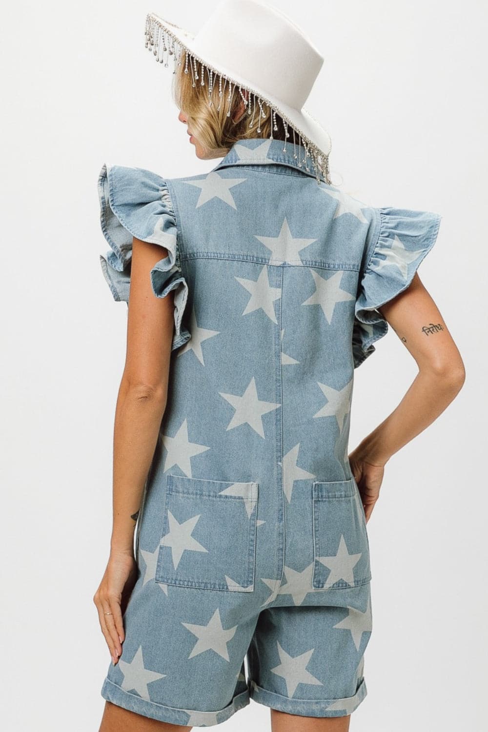 BiBi Ruffled Star Half Zip Denim Romper.