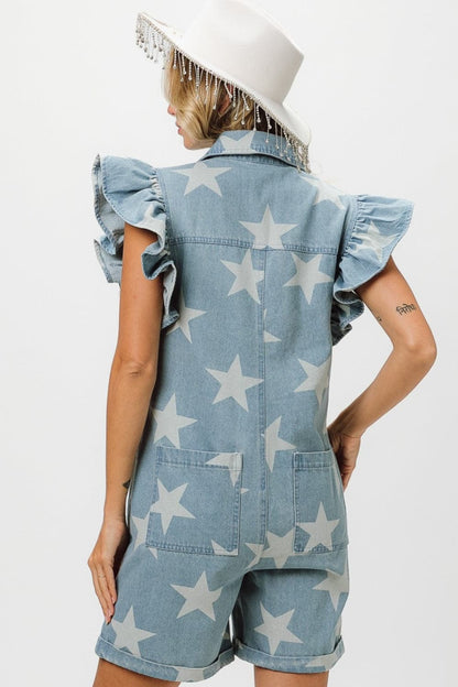 BiBi Ruffled Star Half Zip Denim Romper.