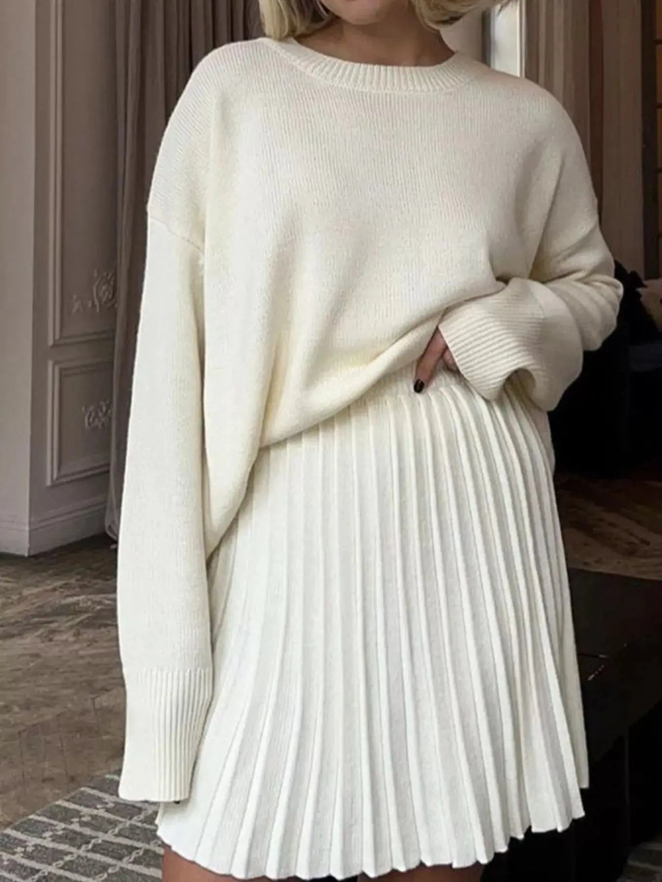Round Neck Top and Pleated Skirt Sweater Set Simply Love