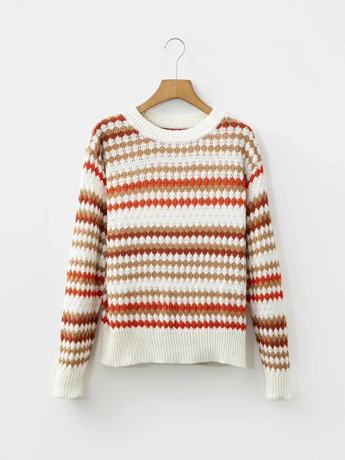 Stripe Eyelet Patterned Drop Shoulder Sweater Simply Love