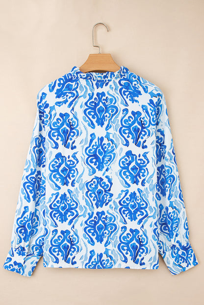 Premium Sky Blue Ethnic Printed Tie Neck Button Puff Sleeve Shirt