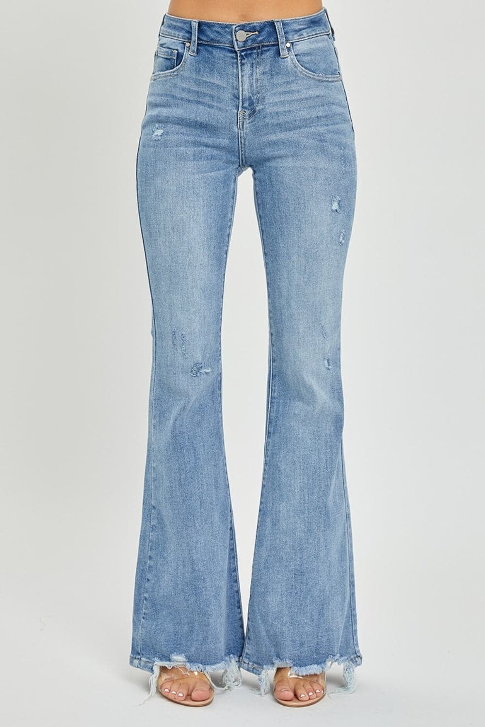 Risen Full Size High Rise Frayed Hem Flare Jeans.