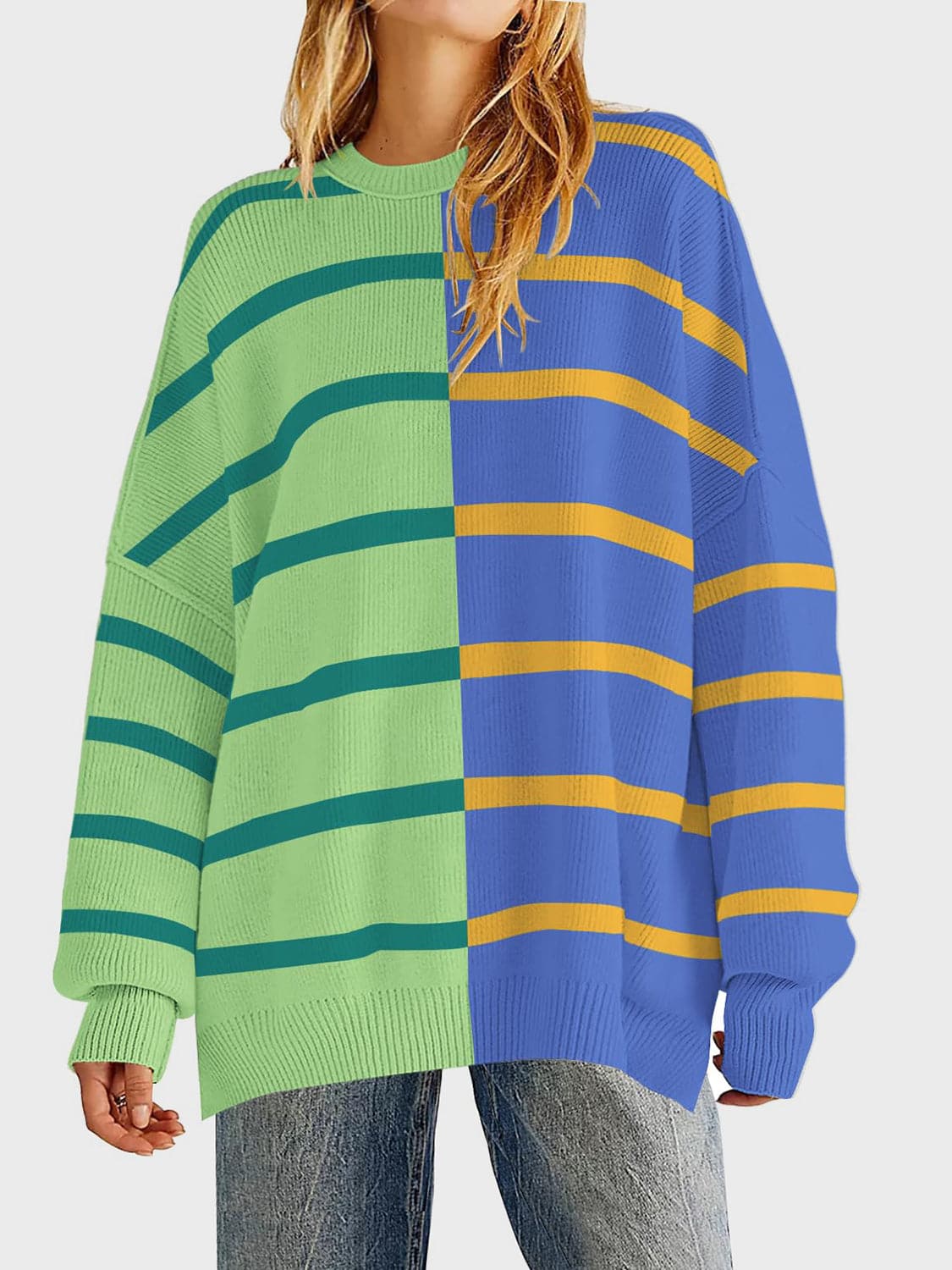 Striped Round Neck Long Sleeve Sweater.