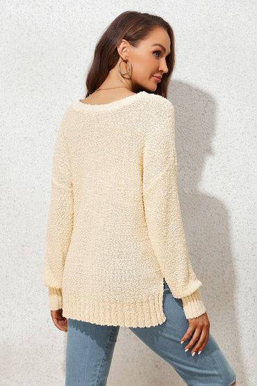 V-Neck Drop Shoulder Slit Sweater.