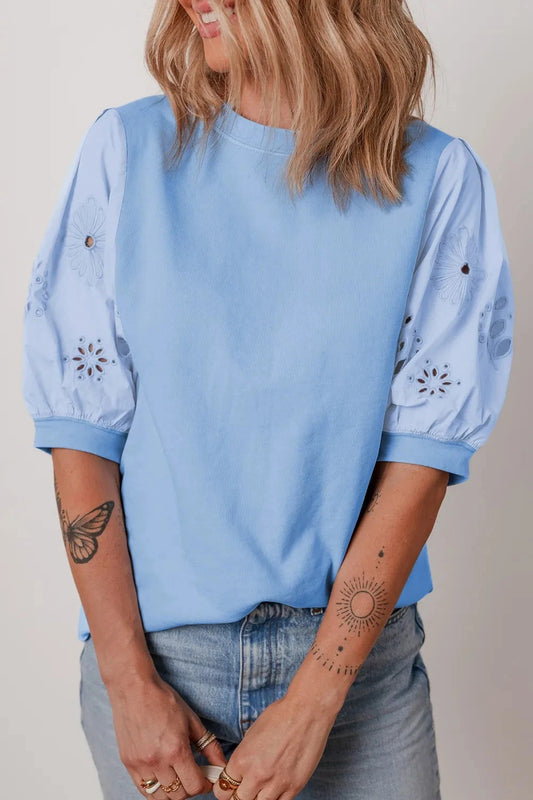 Eyelet Flower Embroidered Puff Short Sleeve Patchwork Crew Neck Blouse Simply Love