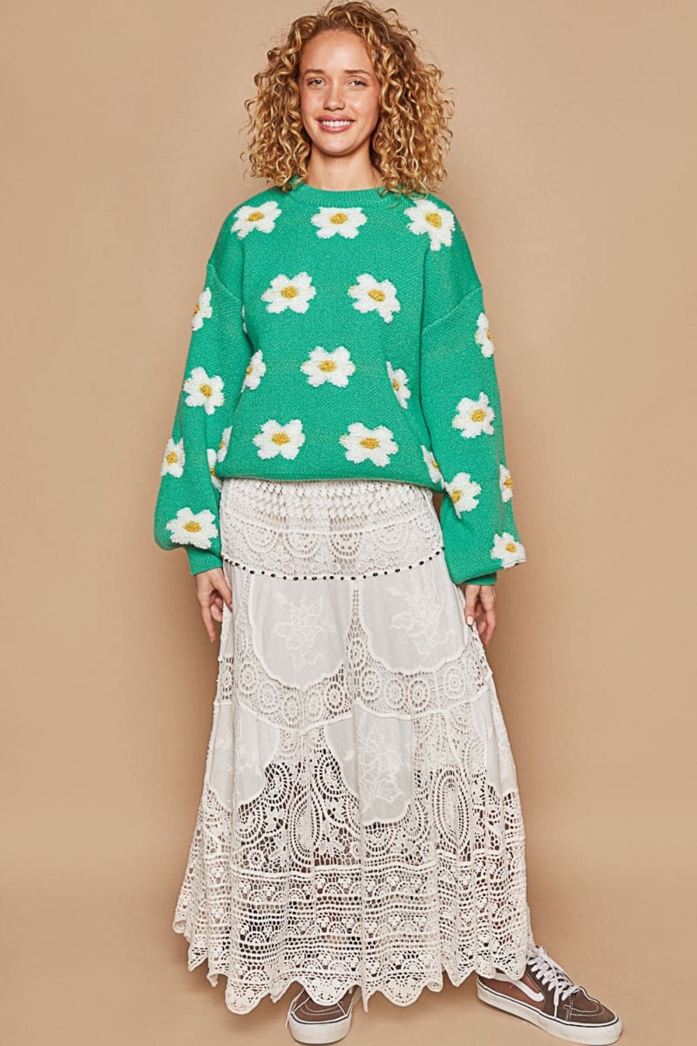 POL Daisy Pattern Drop Shoulder Sweater.