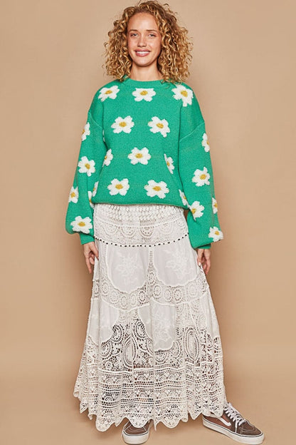 POL Daisy Pattern Drop Shoulder Sweater.