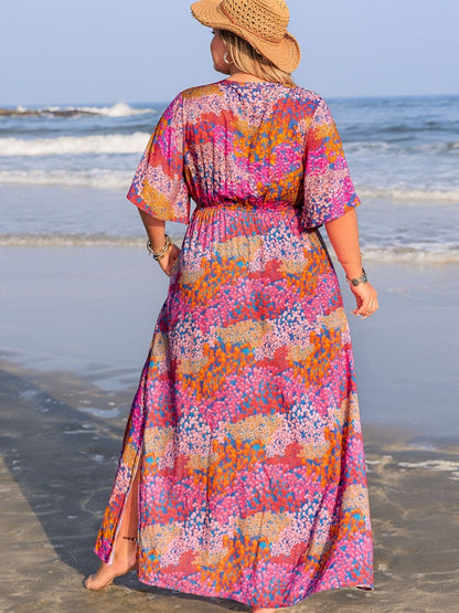 Plus Size Slit Printed Half Sleeve Dress.