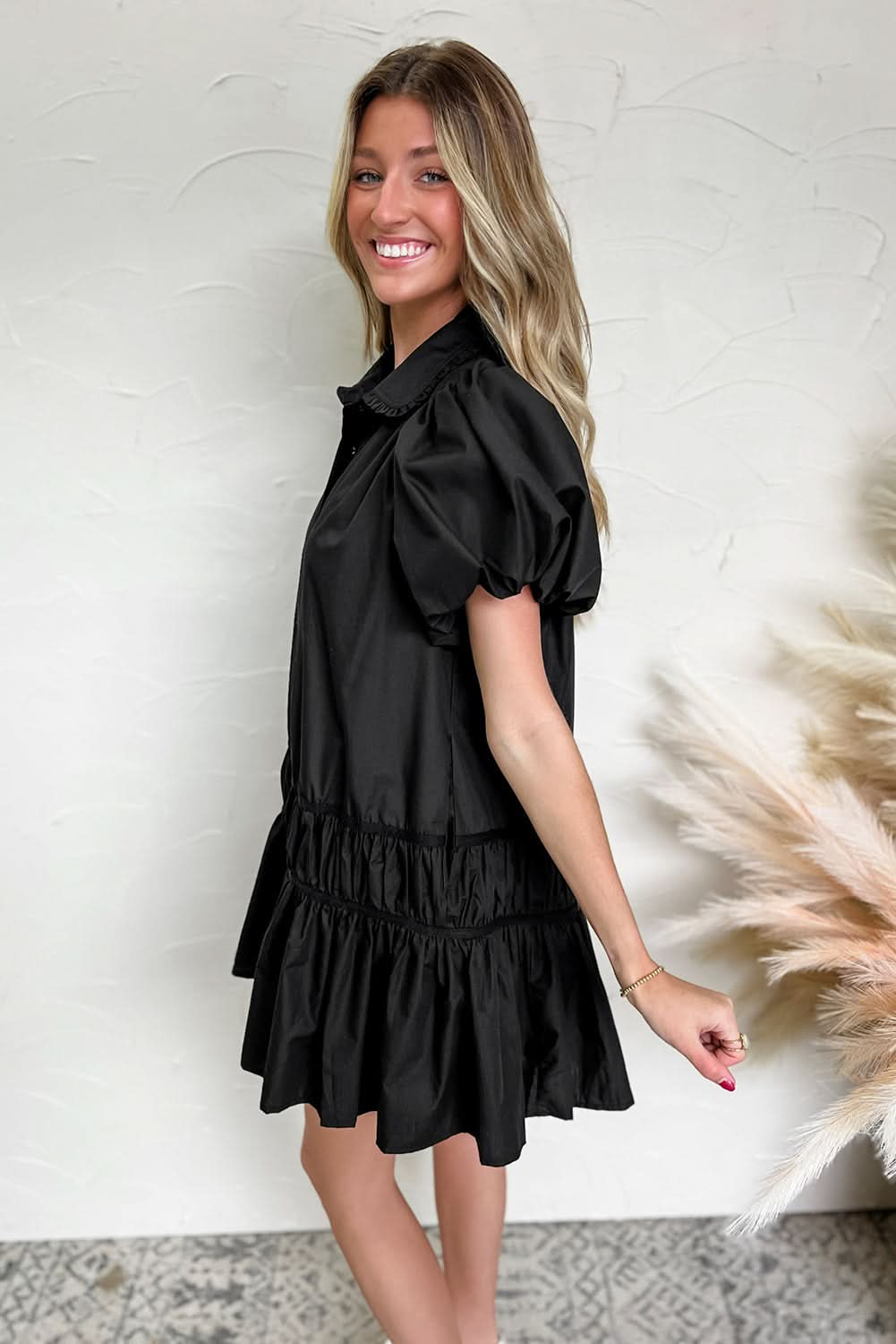 Chic Black Puff Sleeve Ruffle Hem Button Down Dress