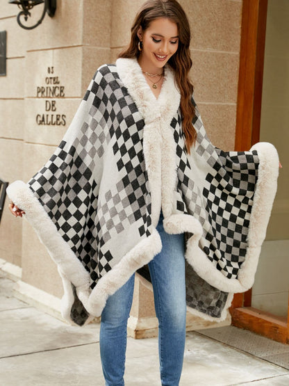 Checkered Faux Fur Trim Poncho.