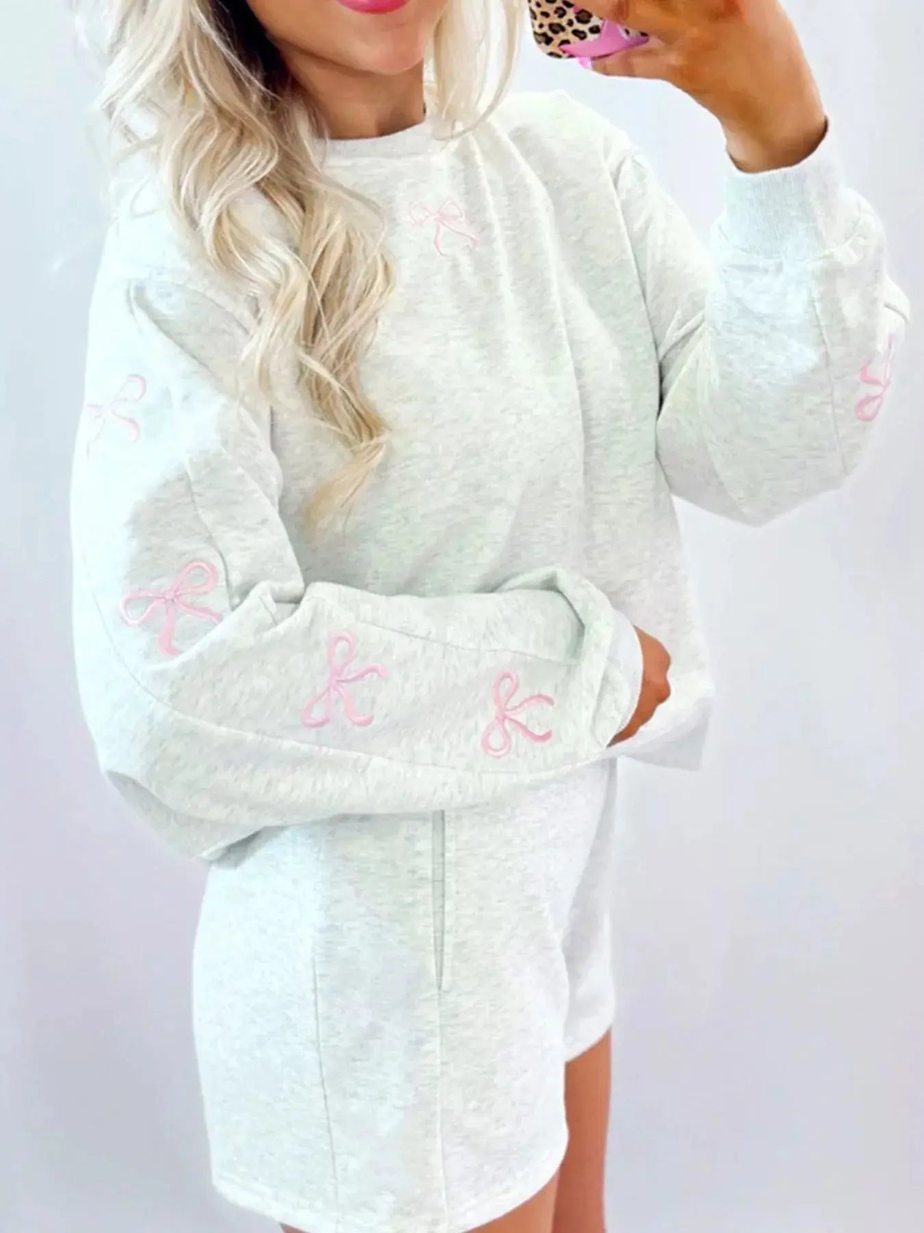 Bow Embroidered Round Neck Top and Shorts Set Simply Love