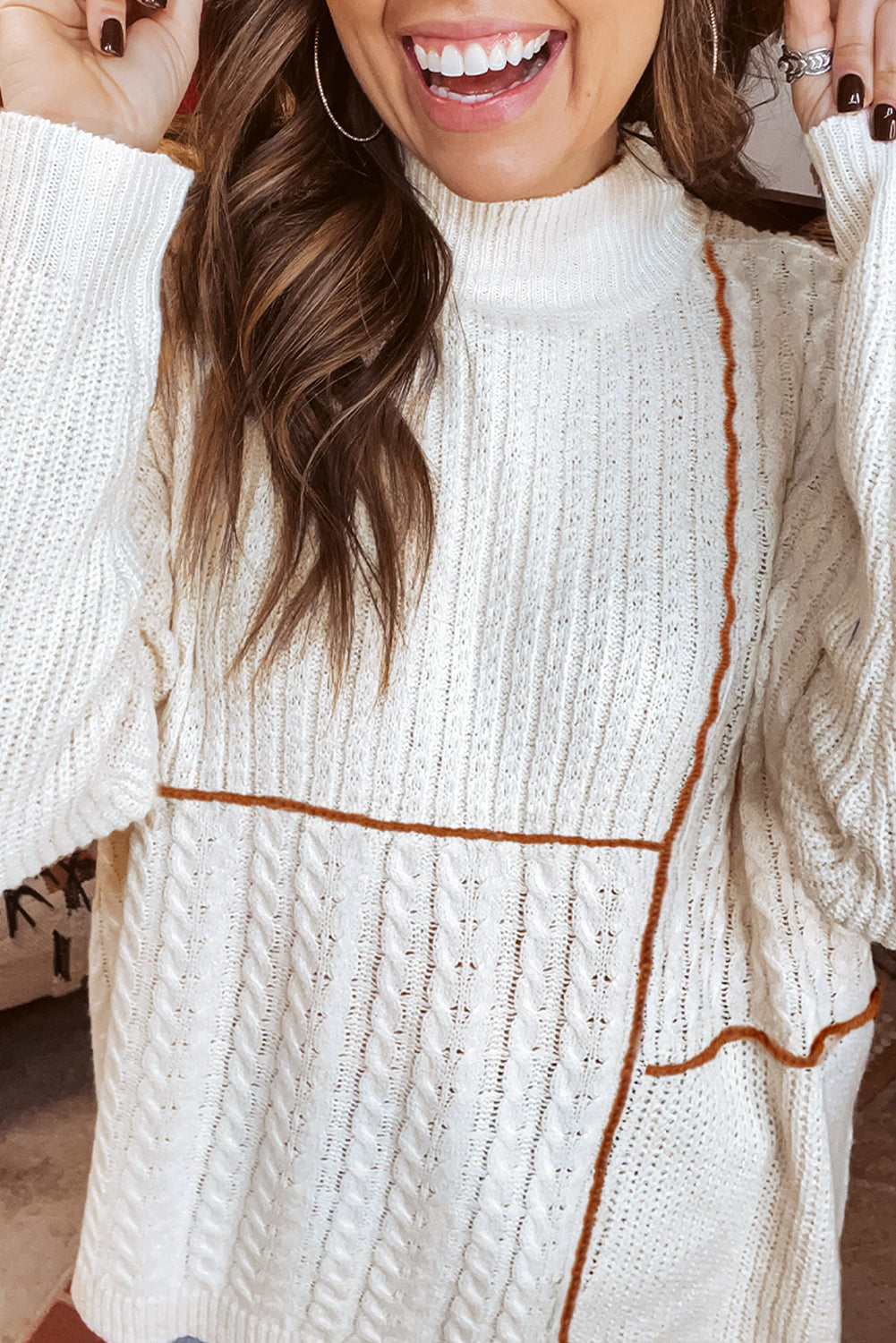White Mix Texture Patchwork Knit Sweater With Contrast Stitch Mock Neck Dear-Lover Dropshipping