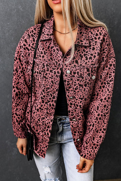 Leopard Raw Hem Button Up Denim Jacket.