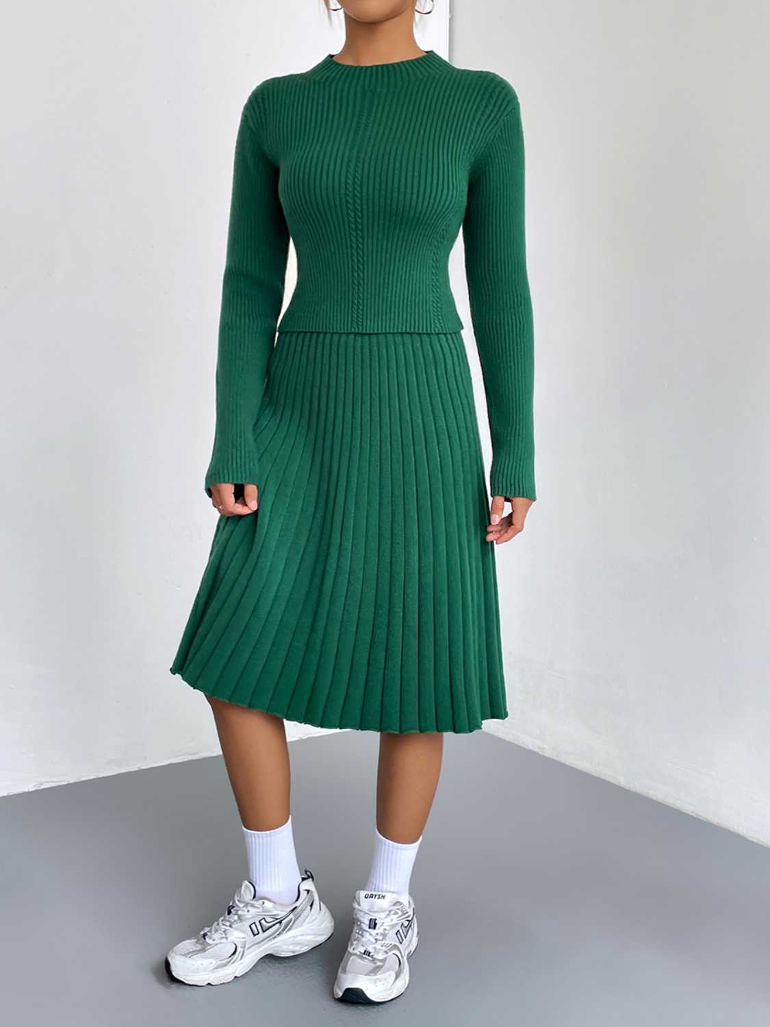 Rib-Knit Sweater and Skirt Set.