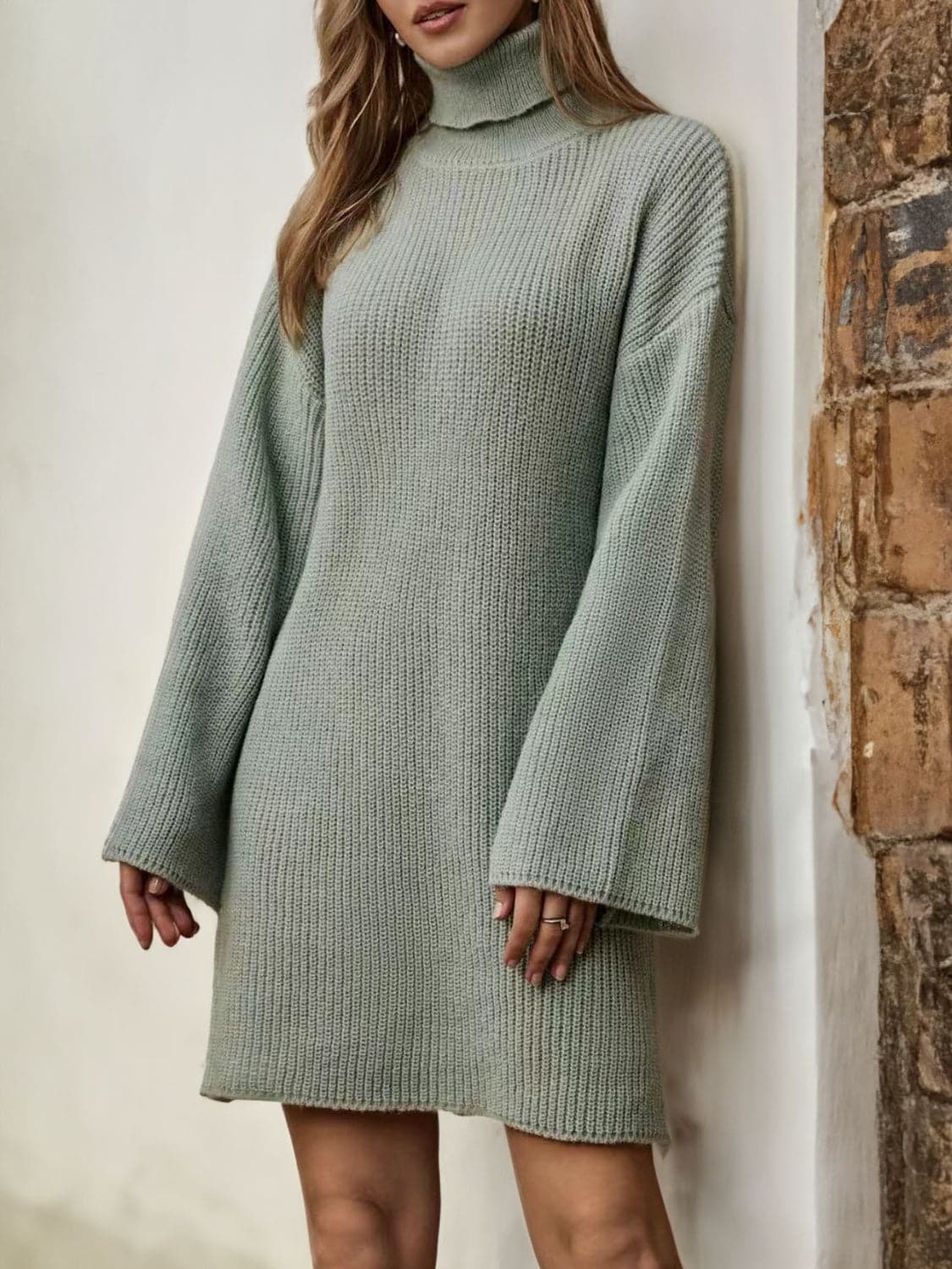 Turtleneck Dropped Shoulder Sweater Dress.