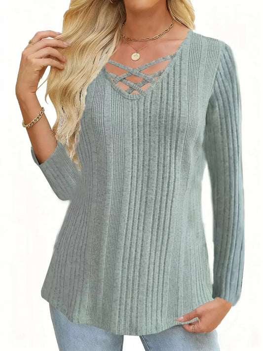 Crisscross V-Neck Ribbed Knit Long Sleeve T-Shirt Simply Love