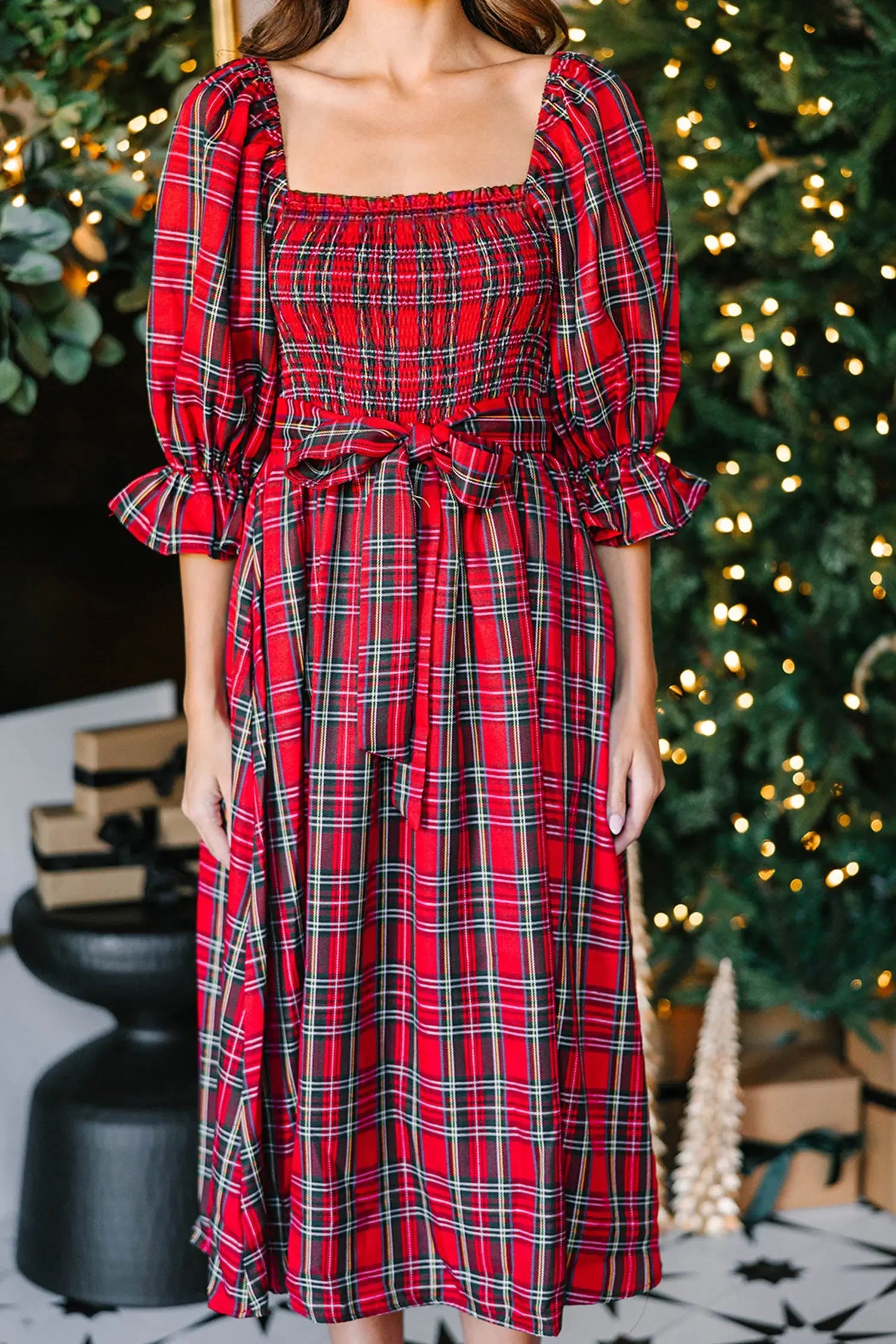 Red Tartan Plaid Square Neck Puff Sleeve Knot Waist Flared Midi Dress Dear-Lover Dropshipping