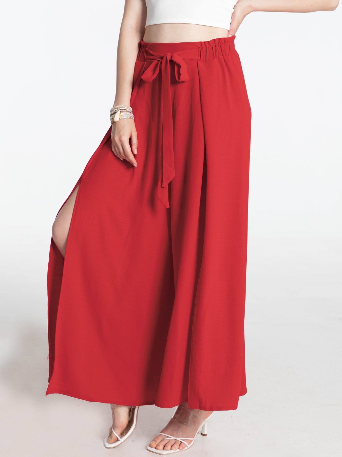 Tied Slit Wide Leg Pants.