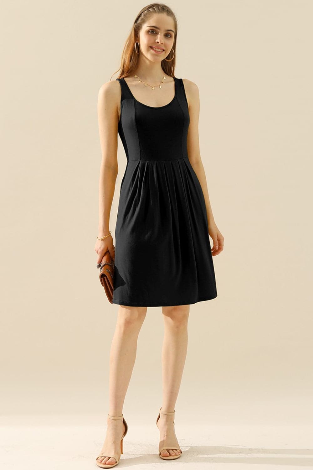 Doublju Full Size Round Neck Ruched Sleeveless Dress with Pockets.