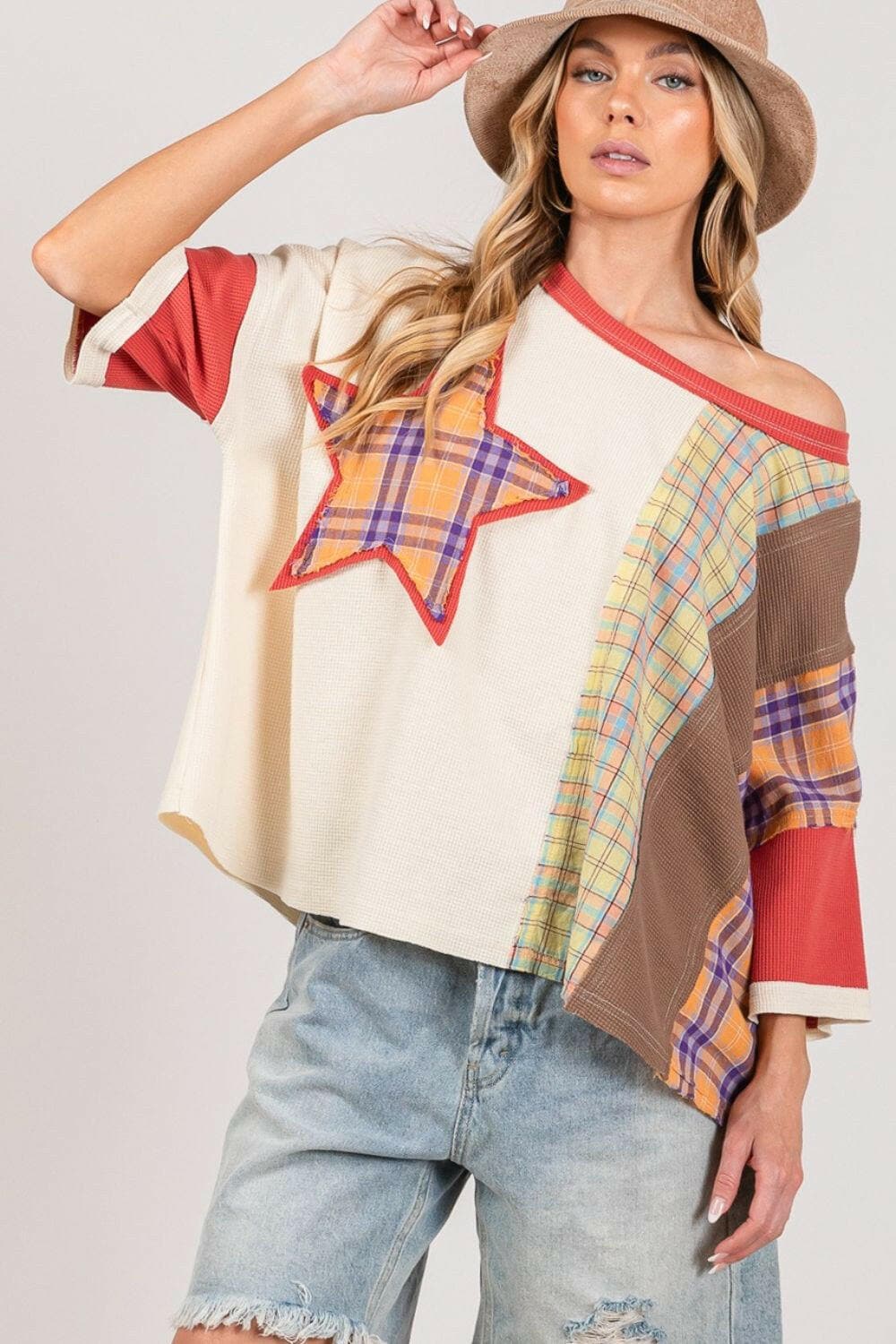 SAGE + FIG Round Neck Plaid Star Patch T-Shirt.