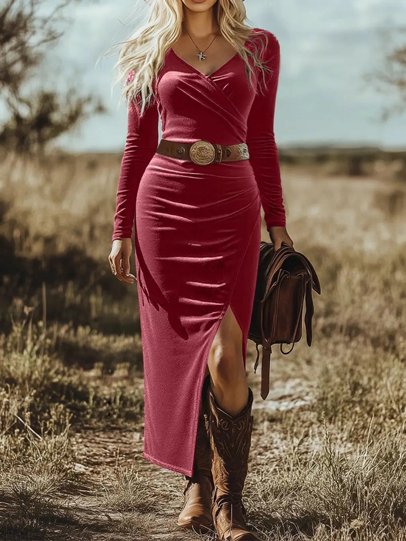 Long Sleeve Wrap Midi Dress with Slit Simply Love