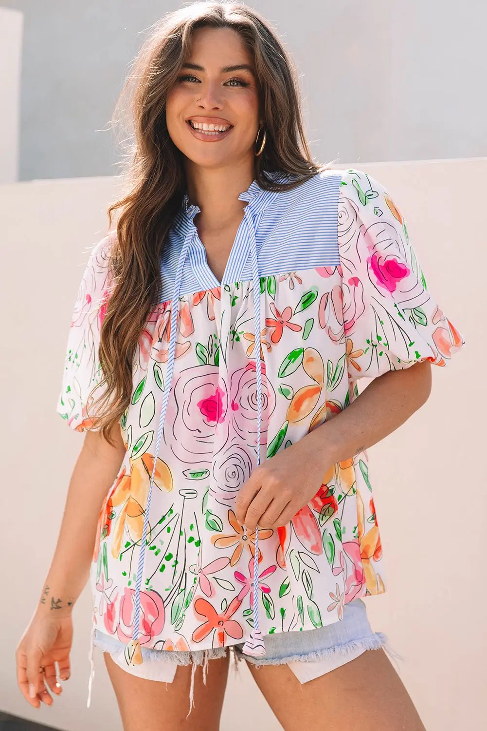 Cameron Floral Striped Yoke Blouse with Puff Short Sleeves and Frilled V Neck - Love Salve 