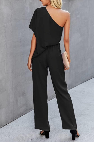 Single Shoulder Short Sleeve Jumpsuit.