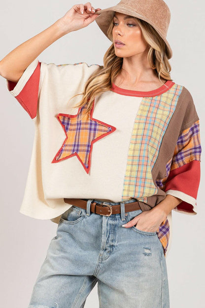 SAGE + FIG Round Neck Plaid Star Patch T-Shirt.