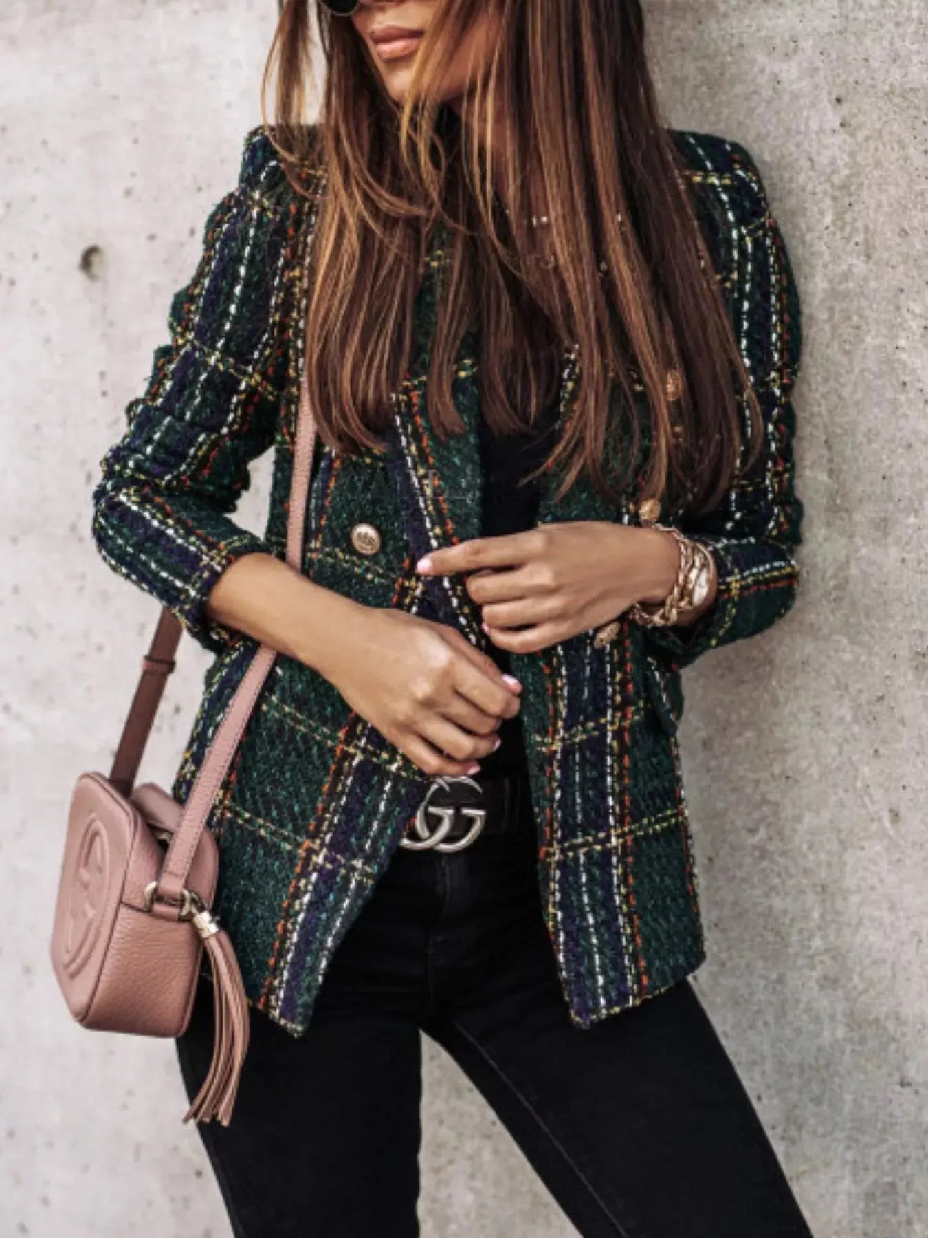 Full Size Plaid Tweed Double-Breasted Blazer Plus Size Simply Love