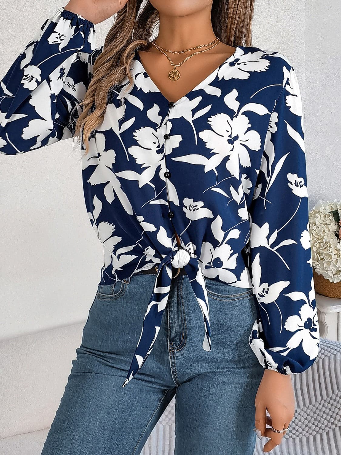 Printed V-Neck Long Sleeve Blouse.