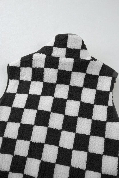 Black Checkered Sherpa Collared Jacket Vest