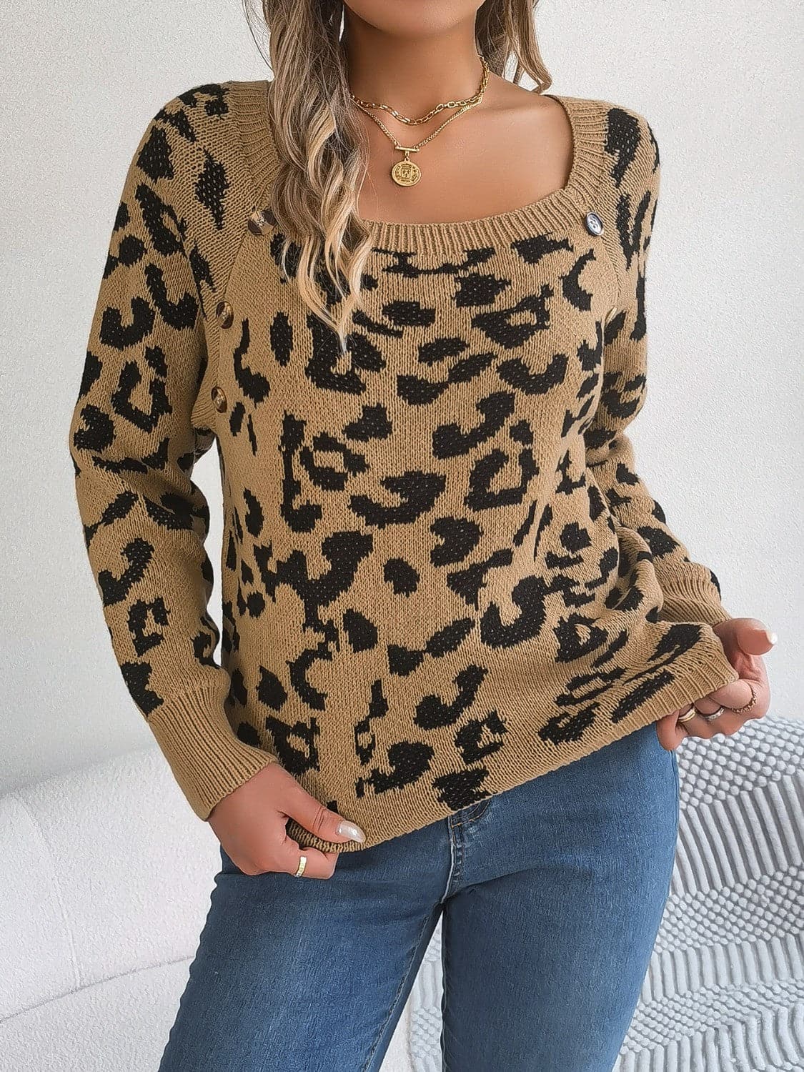 Leopard Buttoned Square Neck Sweater.