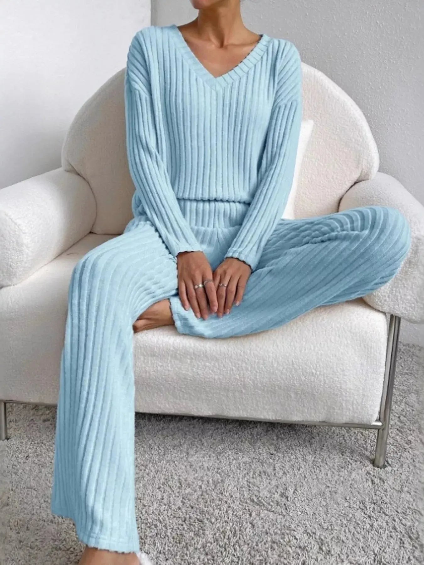 Ribbed Knit V-Neck Top and Pants Set Simply Love