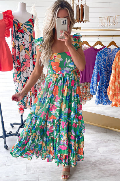 Green Floral Print Sleeveless Ruffle Tiered Maxi Dress Delight