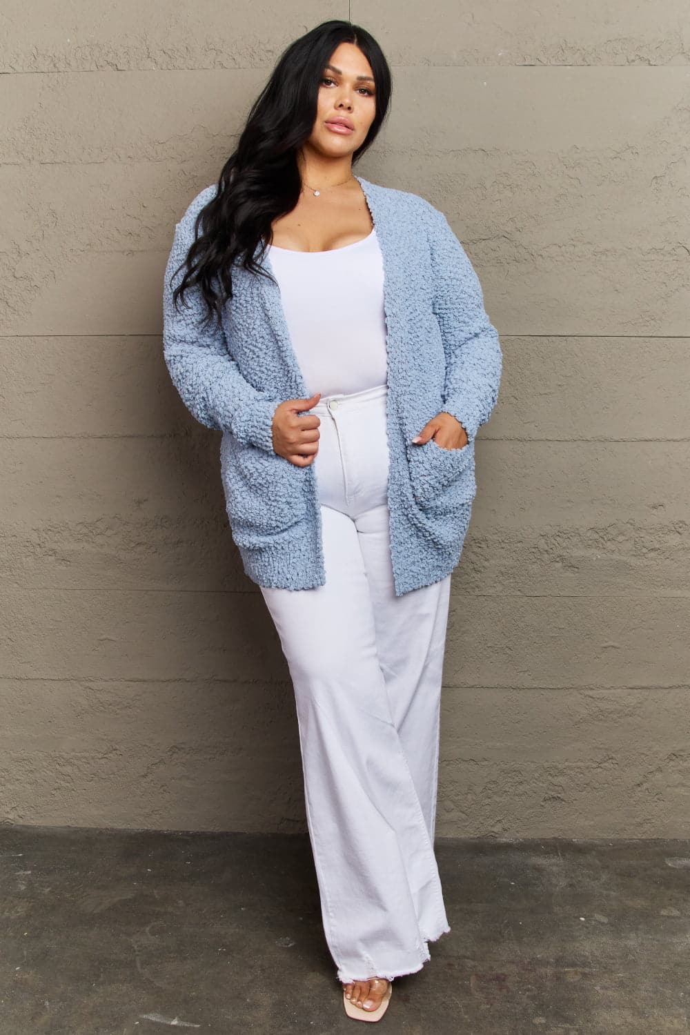 Zenana Falling For You Full Size Open Front Popcorn Cardigan.