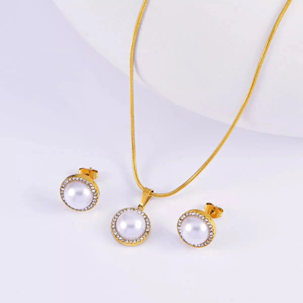 Synthetic Pearl 18K Gold-Plated Rhinestone Necklace and Earrings Jewelry Set Simply Love