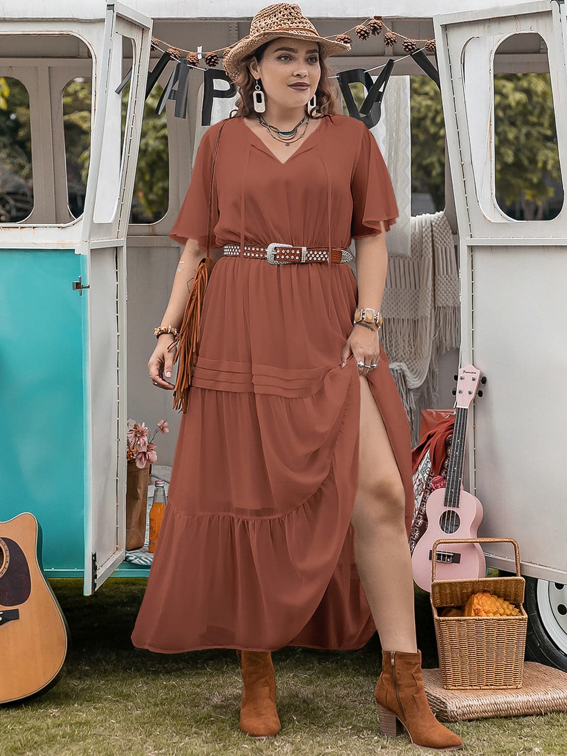 Plus Size Tie Neck Flutter Sleeve Midi Dress.