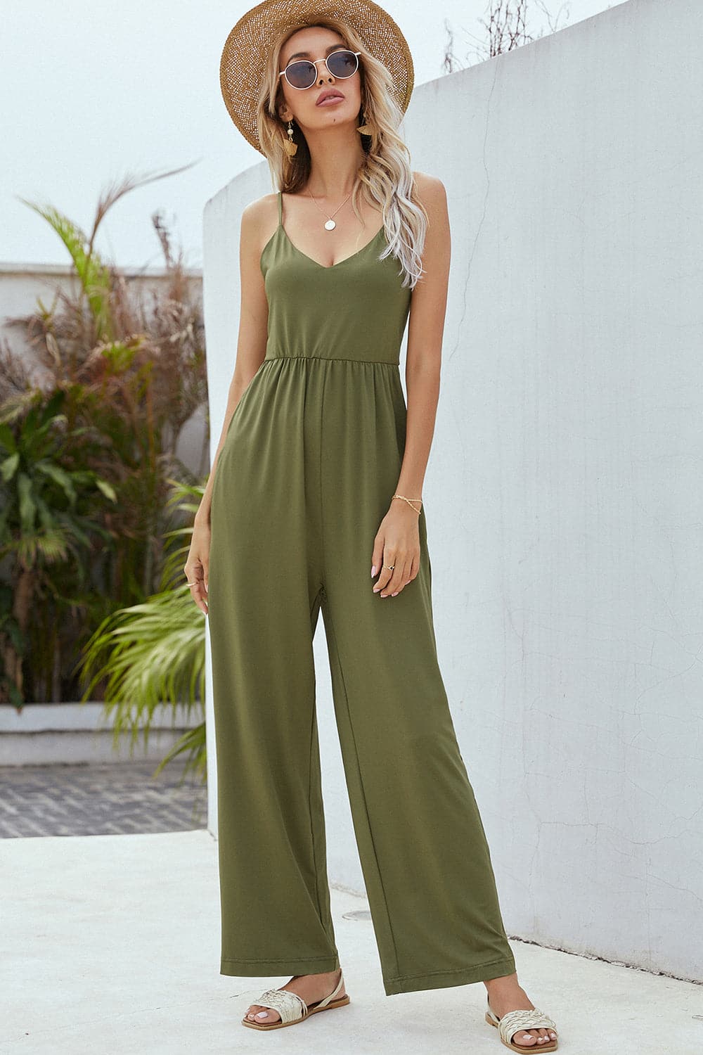 V-Neck Spaghetti Strap Wide Leg Jumpsuit.