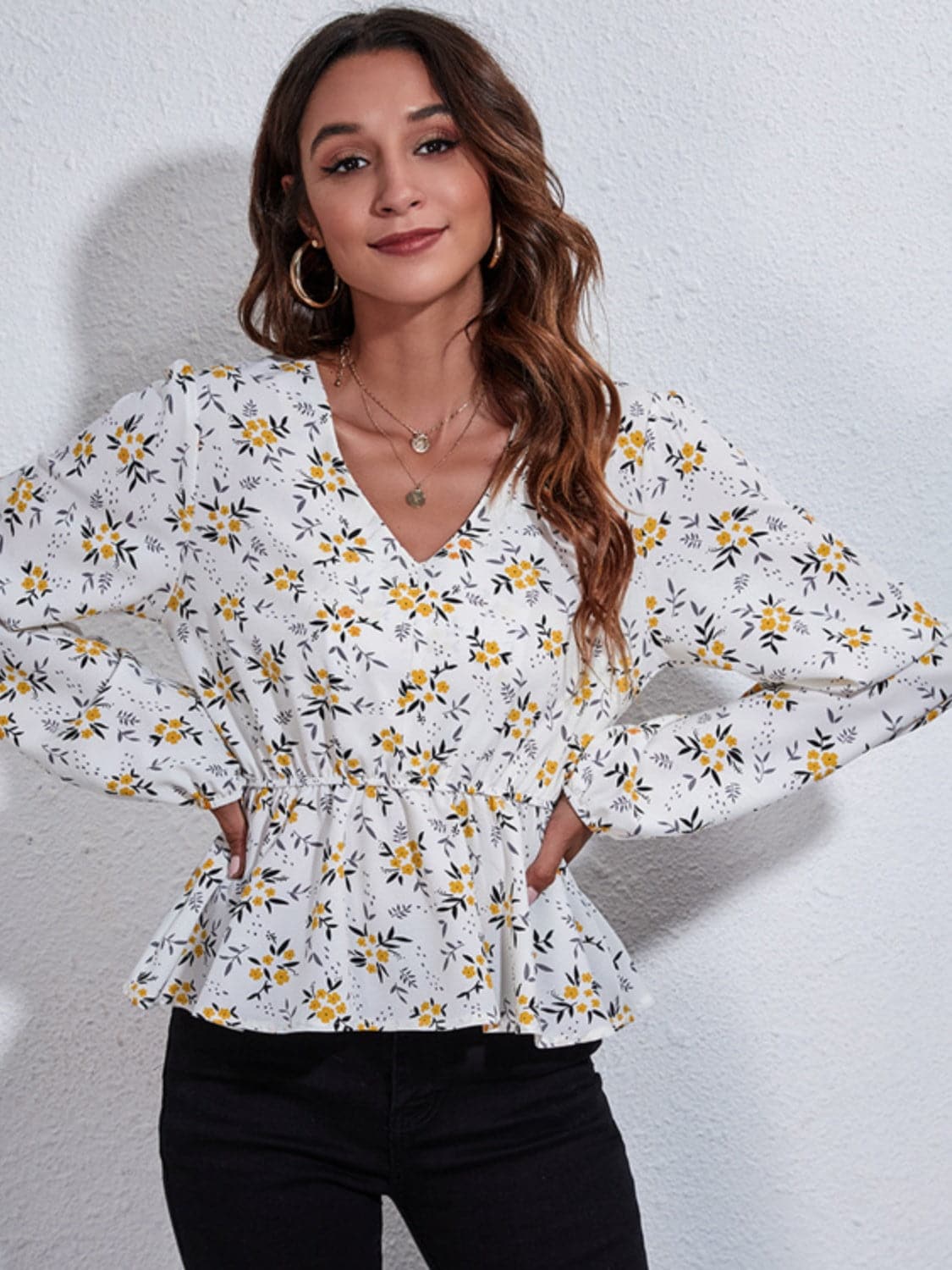 Ruched Printed V-Neck Long Sleeve Blouse.