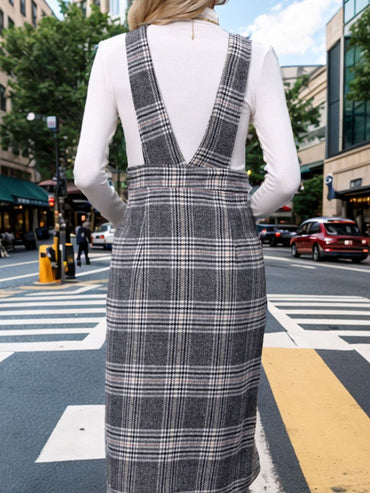 Chic plaid overall dress with pockets