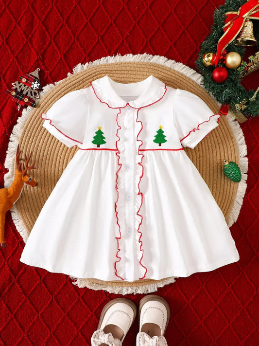 Children's Christmas Tree Embroidered Ruffle Trim Dress Simply Love